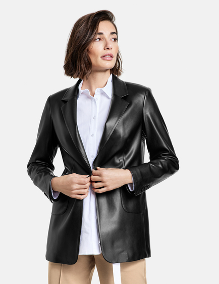 womens black faux leather blazer