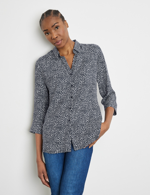 Patterned blouse with 3/4-length sleeves and an elongated back in Blue ...