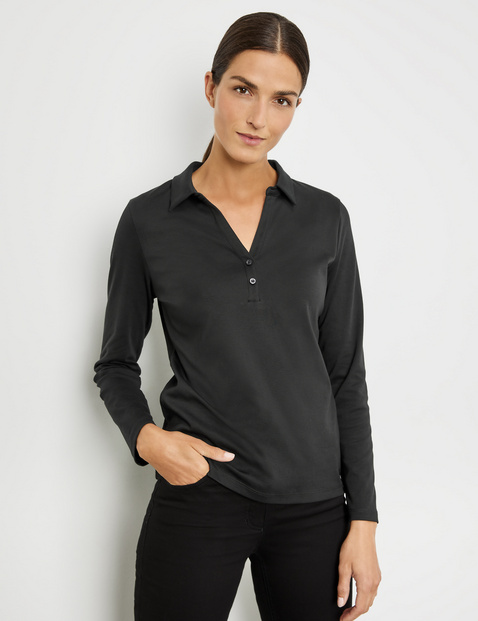 Long sleeve cotton polo shirt in Black | GERRY WEBER